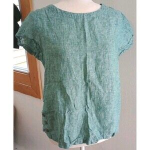 Cynthia Rowley Women's Small Green Button 100% Linen Short Sleeve Blouse Shirt